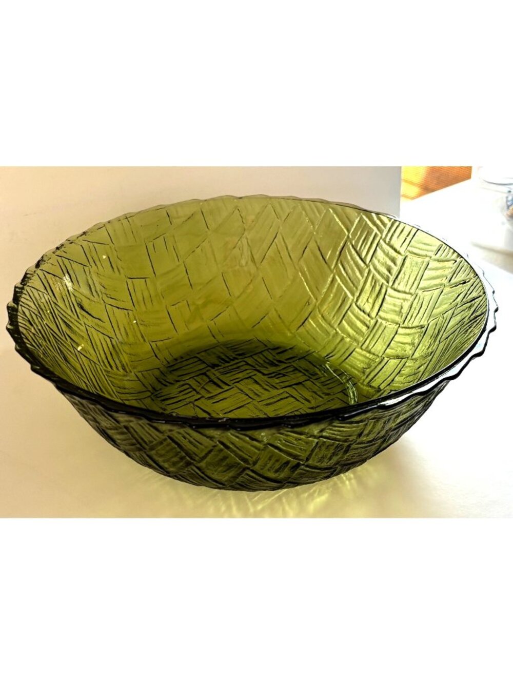 Vintage Indiana Glass Weavetex Olive Green Bowl Basketweave Woven Textured 9"